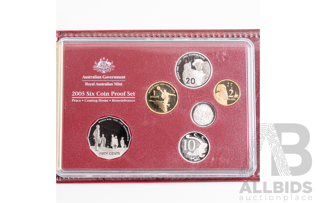 Australian RAM 2005 Six Proof Coin Set with Commemorative One Dollar Peace, Fifty Cent Remembrance and Twenty Cent Coming Home