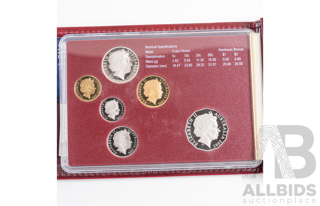 Australian RAM 2005 Six Proof Coin Set with Commemorative One Dollar Peace, Fifty Cent Remembrance and Twenty Cent Coming Home