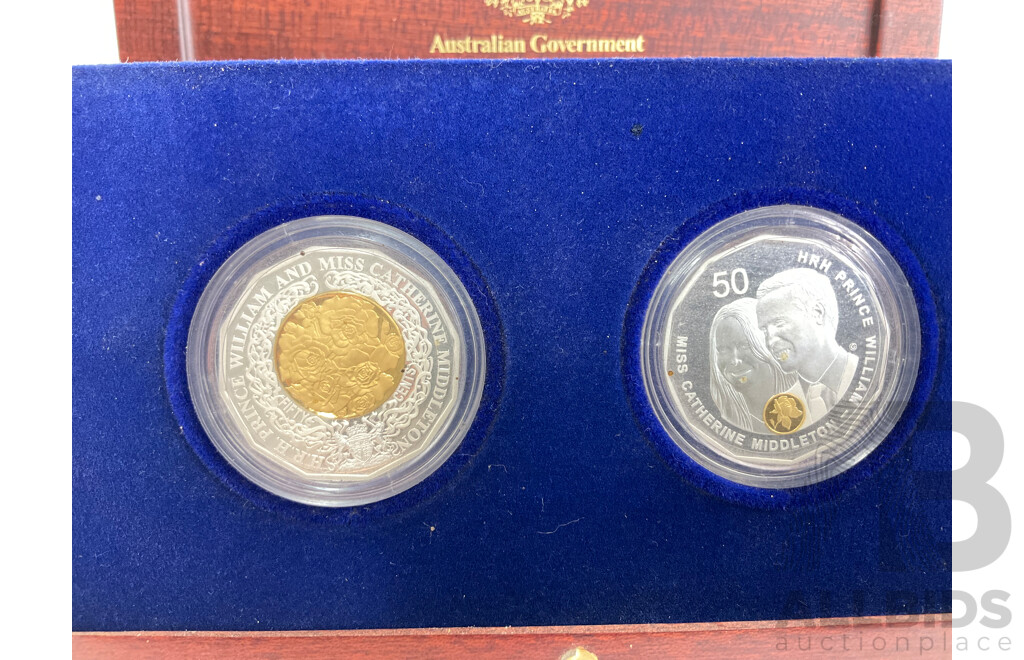 Australian RAM 2010/2011 Silver Proof, Selectively Gold Plated Fifty Cent Coin Set, Royal Wedding Prince William and Catherine Middleton .999