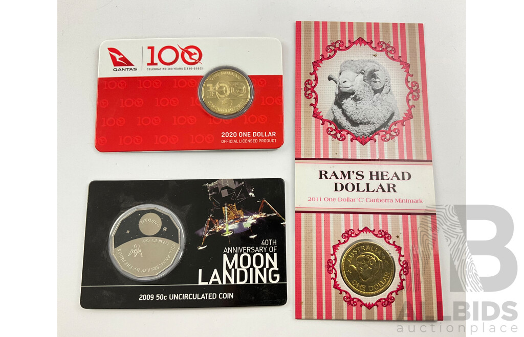 Australian RAM 2009 Fifty Cent, 40th Anniversary Moon Landing, 2020 One Dollar, Qantas 100 Years, 2011 Ram's Head Dollar 'C' Mint Mark