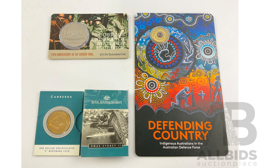 Australian RAM 2021 Two Dollar Coin, Indigenous Service 'C' Mint Mark, 2000 One Dollar, HMAS 'C' Mint Mark, 2012 Fifty Cent, 70th Anniversary of the Kokoda Trail