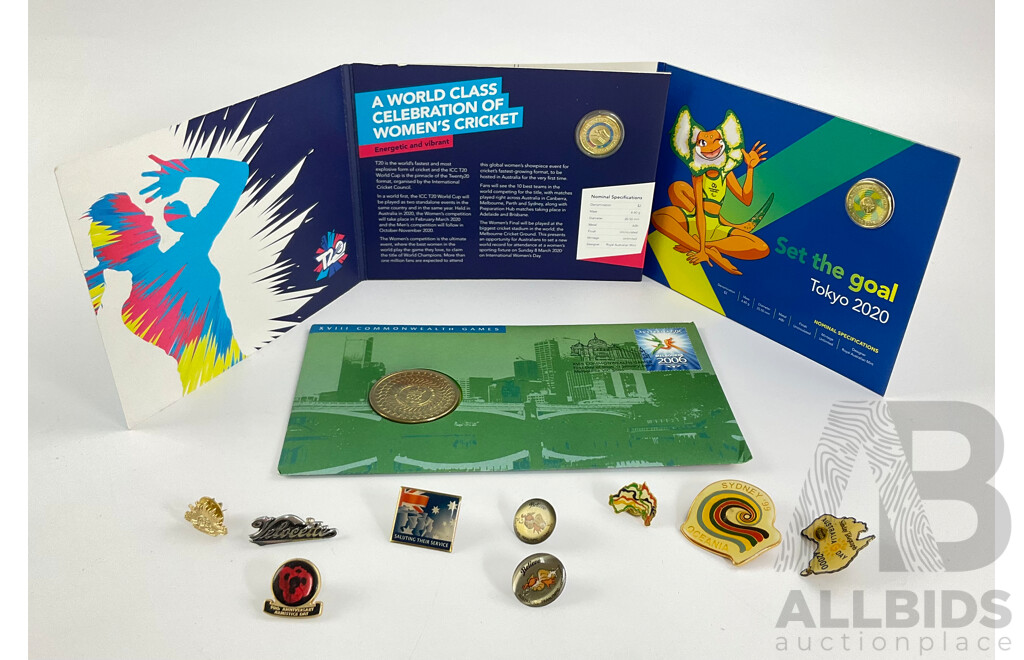 Australian 2006 XVIII Commonwealth Games Five Dollar Coin PNC, 2020 Two Dollars, Paralympics and Women's T20 with Lapel Pins