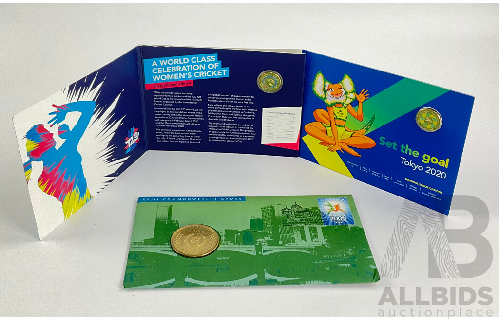 Australian 2006 XVIII Commonwealth Games Five Dollar Coin PNC, 2020 Two Dollars, Paralympics and Women's T20 with Lapel Pins