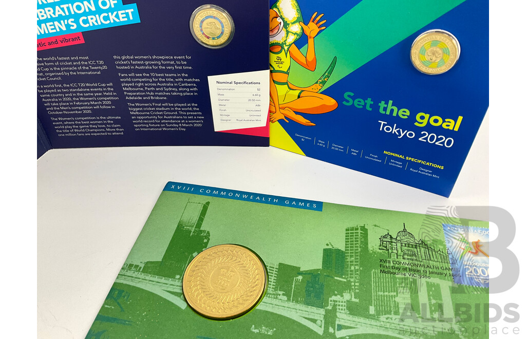 Australian 2006 XVIII Commonwealth Games Five Dollar Coin PNC, 2020 Two Dollars, Paralympics and Women's T20 with Lapel Pins