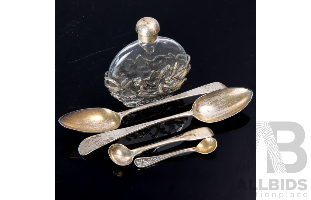 Pair Sterling Silver Desert Spoons, London 1792, Sterling Silver Scoop, Sheffield Plate Mustard Spoon and Glass Perfume Bottle with Pewter Surround