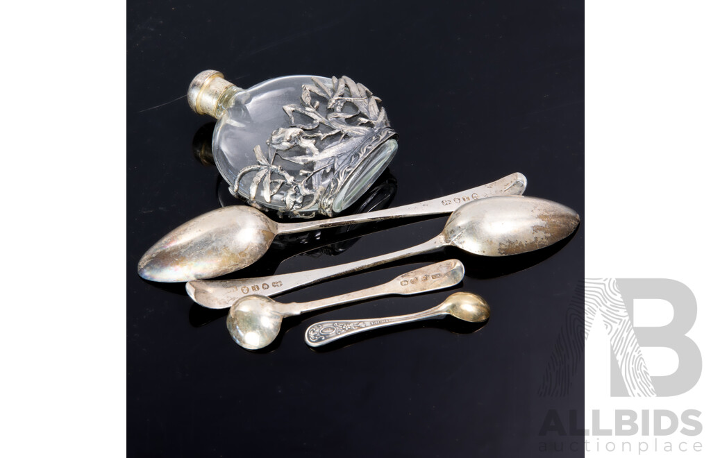 Pair Sterling Silver Desert Spoons, London 1792, Sterling Silver Scoop, Sheffield Plate Mustard Spoon and Glass Perfume Bottle with Pewter Surround