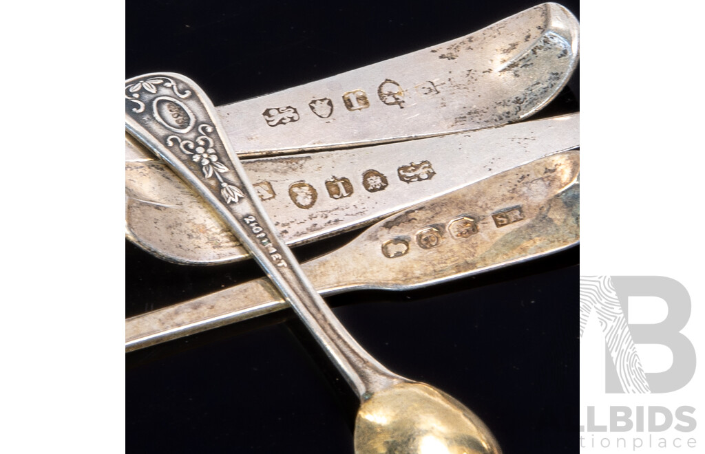 Pair Sterling Silver Desert Spoons, London 1792, Sterling Silver Scoop, Sheffield Plate Mustard Spoon and Glass Perfume Bottle with Pewter Surround