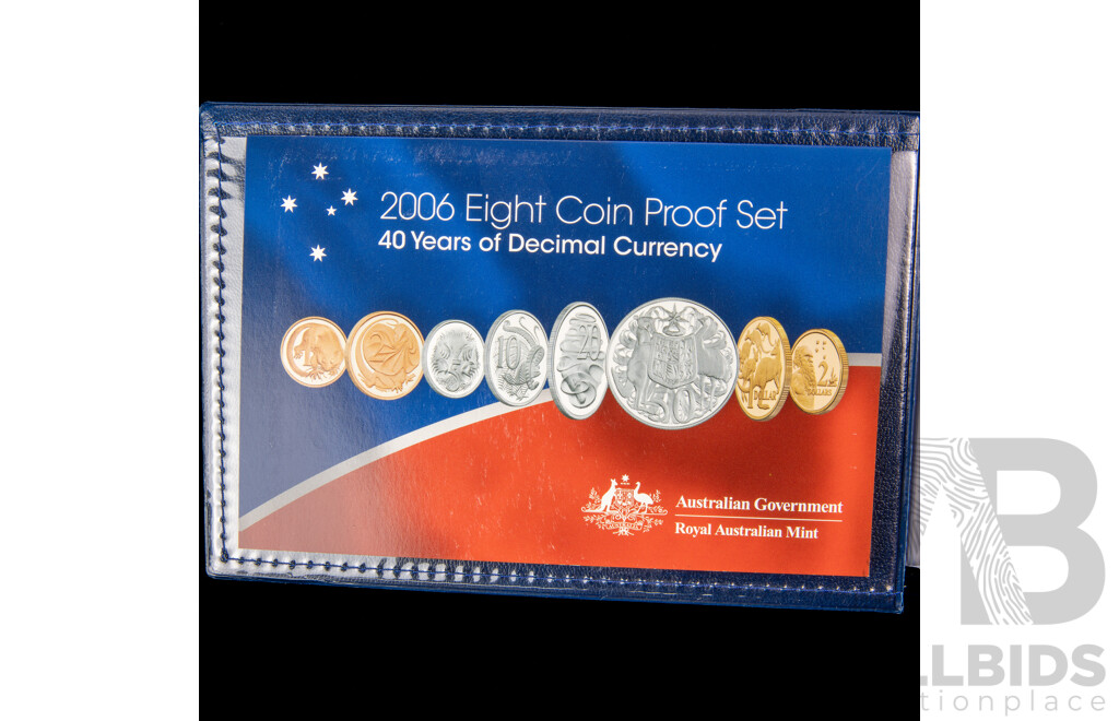 Australian RAM 2006 Eight Proof Coin Set, Forty Years of Decimal Currency Including Round Silver Fifty Cent Coin .800