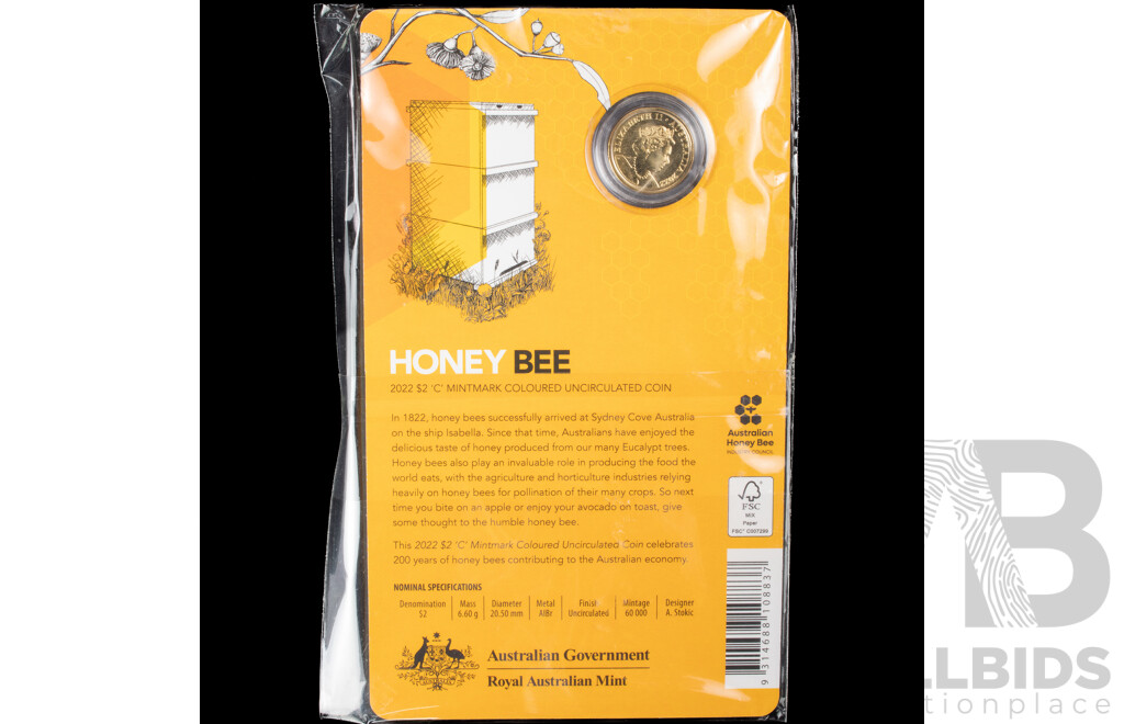 Australian RAM 2022 Two Dollar Coin, Honey Bee, C Mint Mark