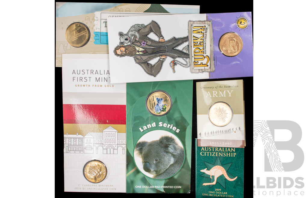Australian RAM Commemorative One Dollar Coins Including 2016 Australia's First Mints C Mint Mark, 2017 Trans Australian Railway, 2001 Army Centenary, 2009 Citizenship, 2020 Eureka, 2008 Koala