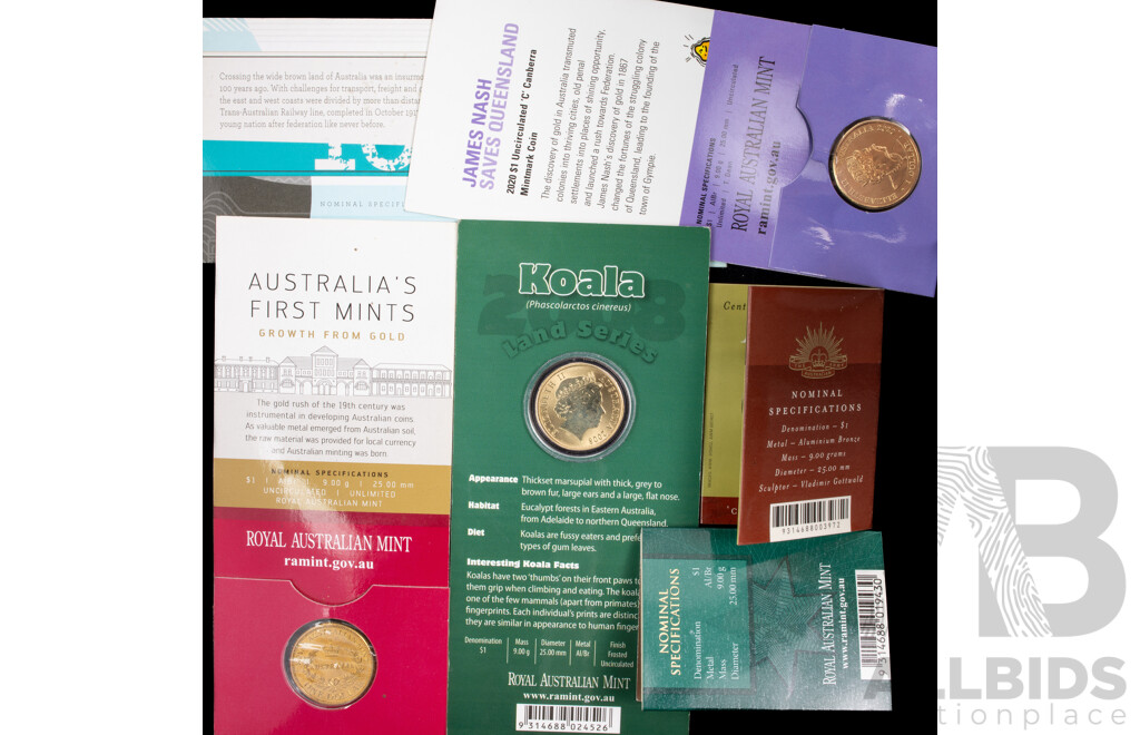 Australian RAM Commemorative One Dollar Coins Including 2016 Australia's First Mints C Mint Mark, 2017 Trans Australian Railway, 2001 Army Centenary, 2009 Citizenship, 2020 Eureka, 2008 Koala