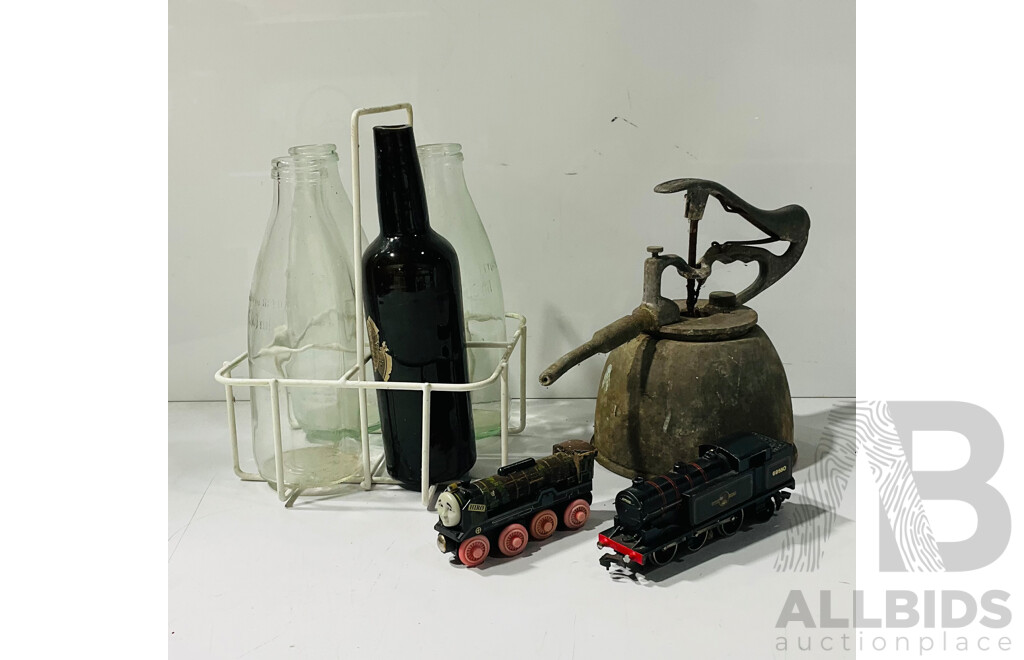 Vintage Moffat Virtue Drench Gun Along with Four Vintage Bottles and Pair Model Trains