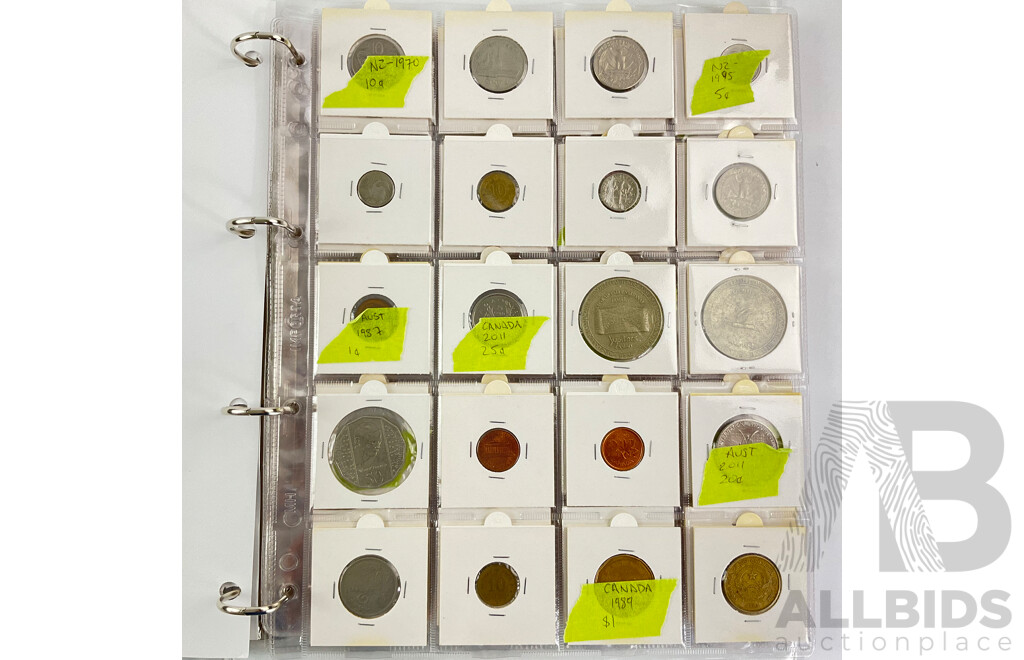 Album of International Coins and Tokens Including Australia Predecimal, USA, New Zealand, Kenya, Fiji, Hong Kong