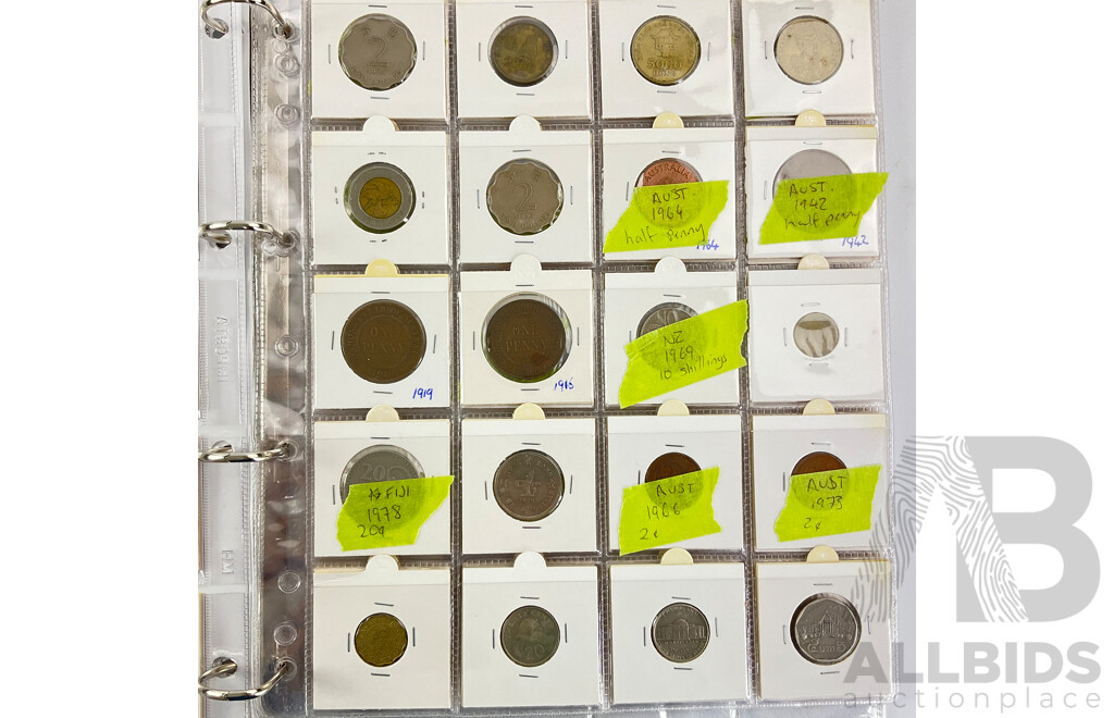 Album of International Coins and Tokens Including Australia Predecimal, USA, New Zealand, Kenya, Fiji, Hong Kong