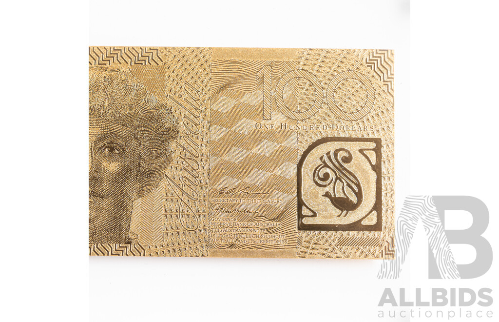 Australian Gold Plated One Hundred Dollar Bank Note in Case