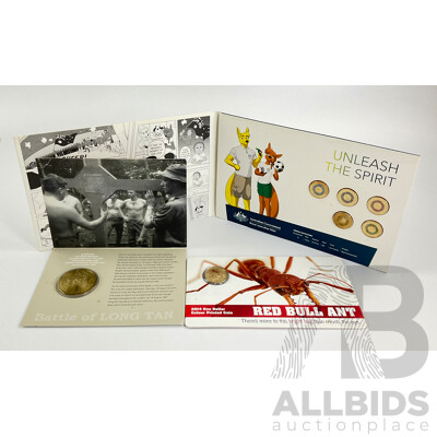 Australian RAM UNC Coins Including 2016 Five Dollar Battle of Long Tan, 2020 Two Dollar Unleash the Spirit, 2014 One Dollar Red Bull Ant