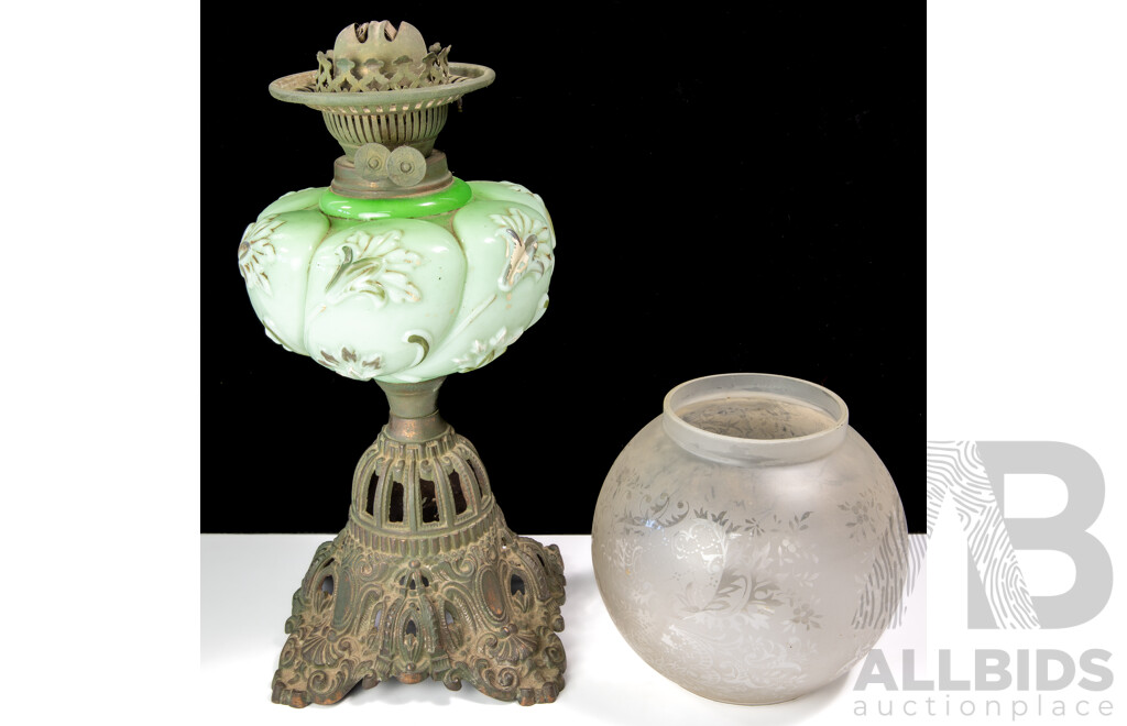 Antique Dual Control Oil Lantern with Ornate Cast Iron Base, Pressed Green Glass Font with Floral Theme and Round Etched Shade