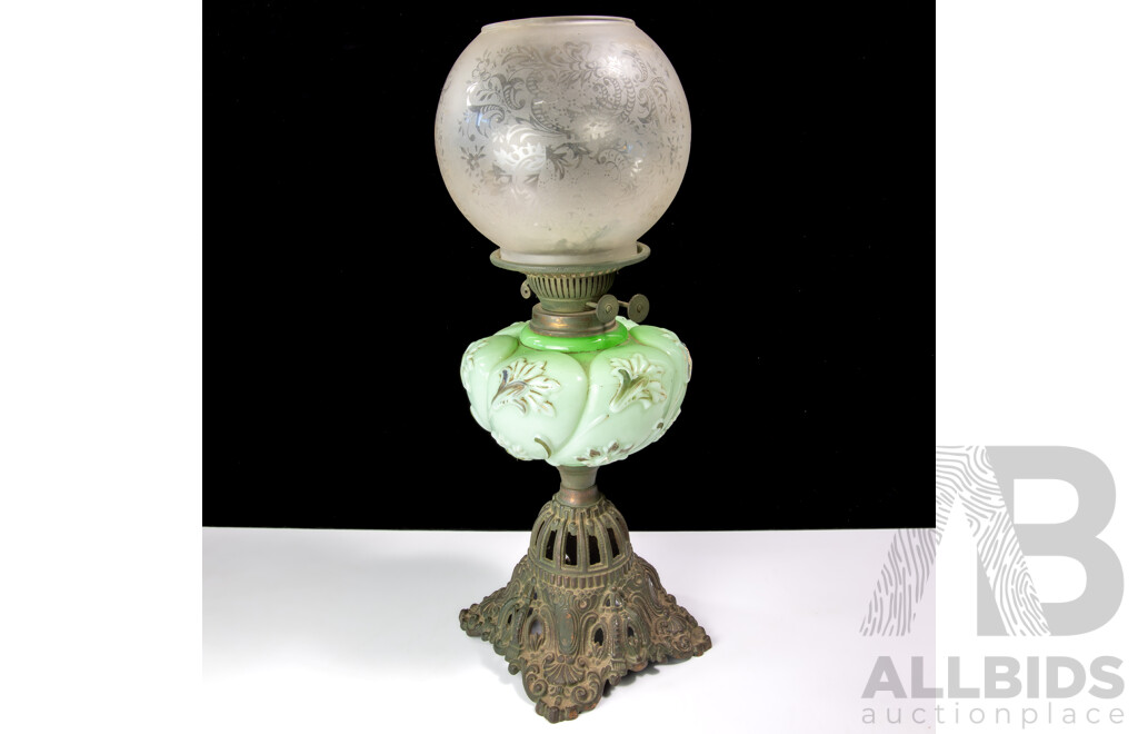Antique Dual Control Oil Lantern with Ornate Cast Iron Base, Pressed Green Glass Font with Floral Theme and Round Etched Shade