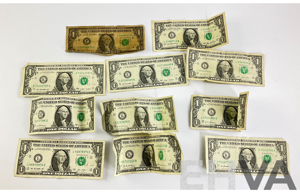 Eleven USA One Dollar Notes, Examples Spanning 1988 to 2017