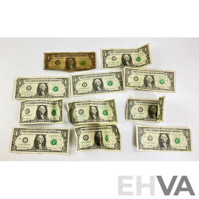 Eleven USA One Dollar Notes, Examples Spanning 1988 to 2017