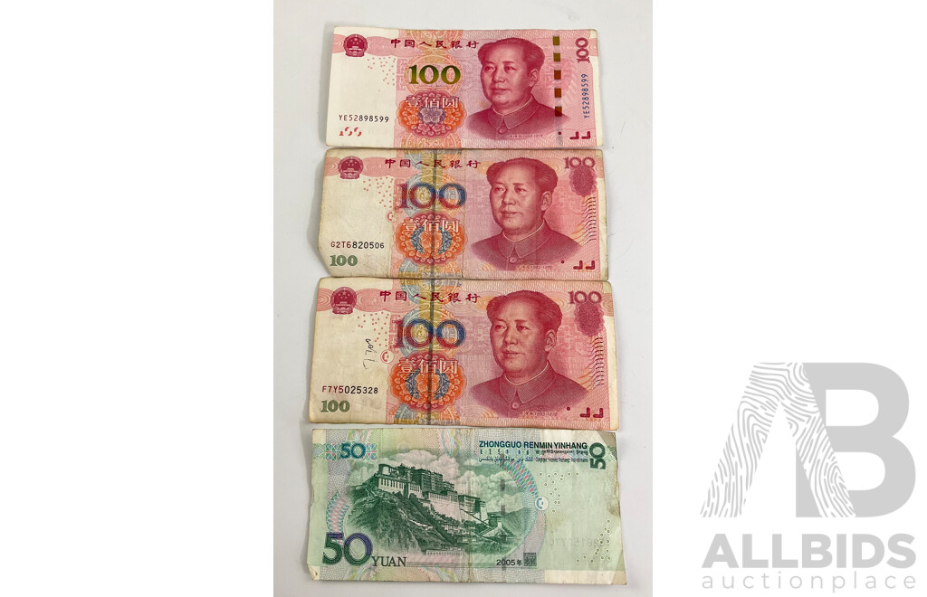 Four Chinese Yuan Notes, One Hundred(3) and Fifty