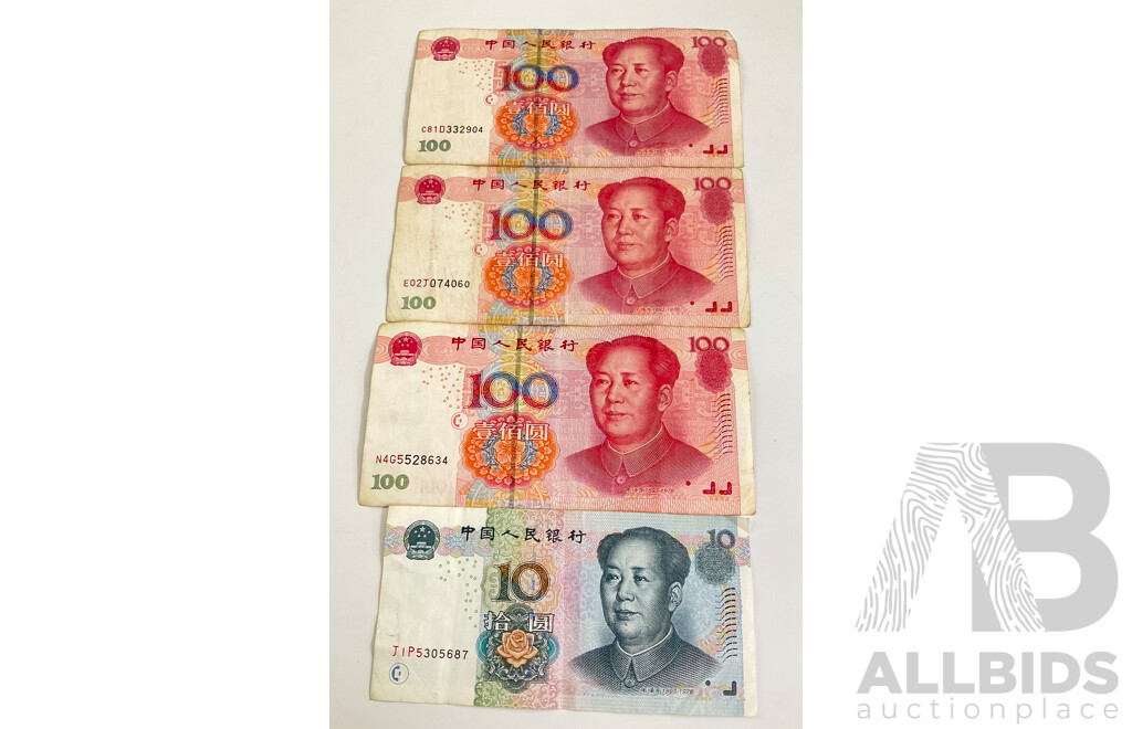 Four Chinese Yuan Notes, One Hundred(3) and Ten