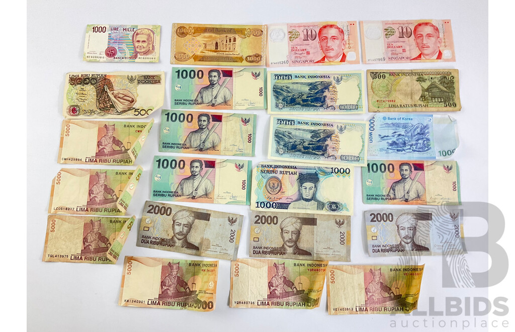 Collection of International Paper and Polymer Banknotes Including Singapore, Korea, Italy, Iraq, Indonesia