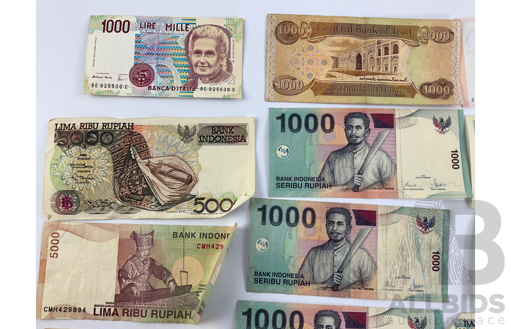 Collection of International Paper and Polymer Banknotes Including Singapore, Korea, Italy, Iraq, Indonesia