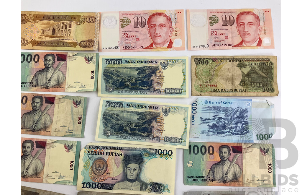 Collection of International Paper and Polymer Banknotes Including Singapore, Korea, Italy, Iraq, Indonesia