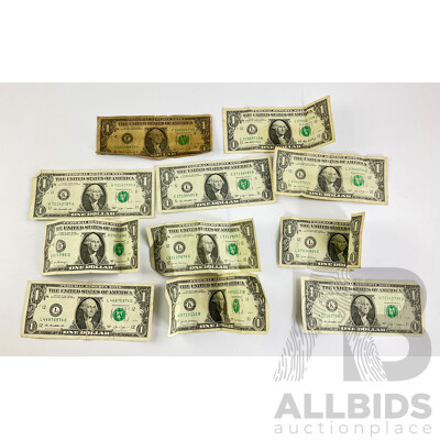 Eleven USA One Dollar Notes, Examples Spanning 1988 to 2017