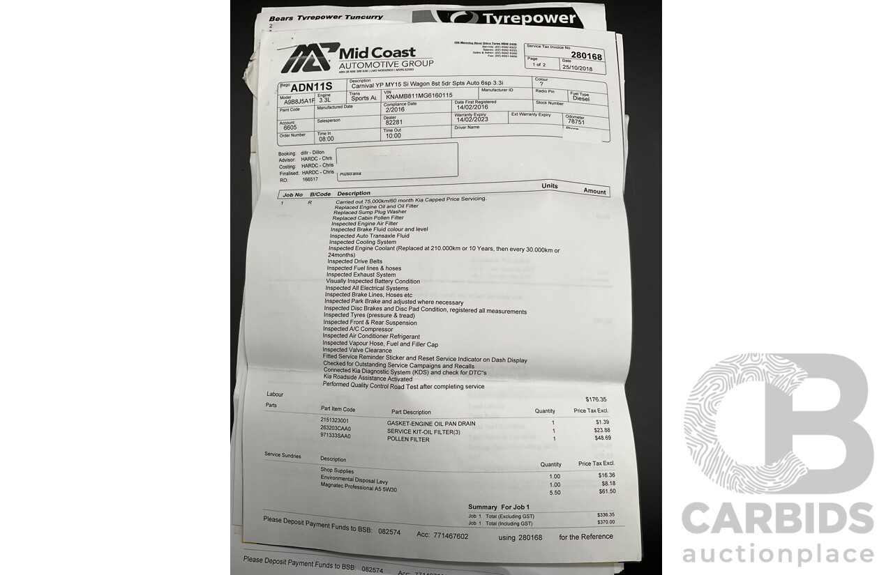 11/2015 Kia Carnival S YP MY16 4d Wagon Clear White V6 3.3L - 7 Seater