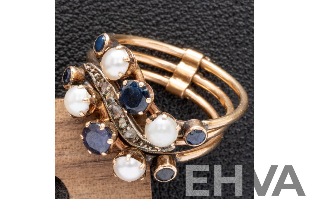9ct Vintage Sapphire, Pearl & Polki Diamond (3) Stacking Rings, Size K, 4.19 Grams