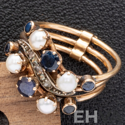 9ct Vintage Sapphire, Pearl & Polki Diamond (3) Stacking Rings, Size K, 4.19 Grams