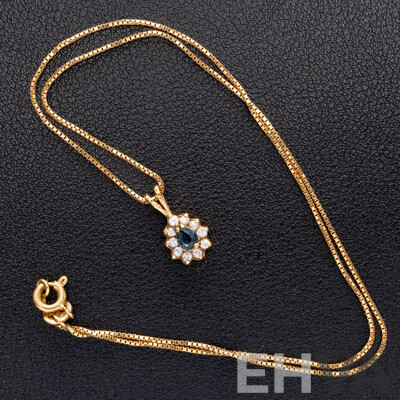 14ct Natural Sapphire & White Topaz Pendant on 14ct Box Chain, 40cm, 3.96 Grams