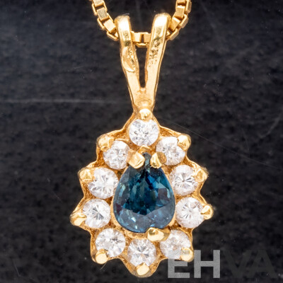 14ct Natural Sapphire & White Topaz Pendant on 14ct Box Chain, 40cm, 3.96 Grams