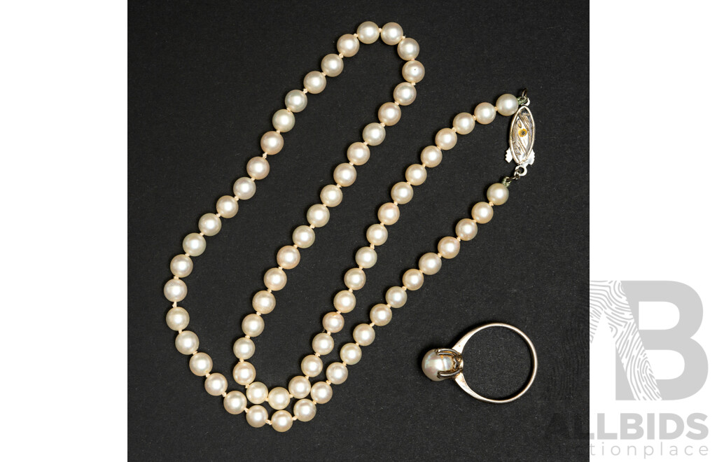 Vintage Cultured Pearl Strand with Sterling Silver Clasp, 5.2mm, 42cm & Sterling Silver Cultured Pearl Ring, Size L1/2