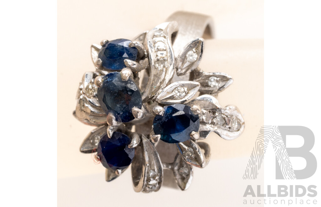Vintage 6ct White Gold Sapphire & Diamond Cocktail Ring, TDW0.10ct, Size P, 6.19 Grams