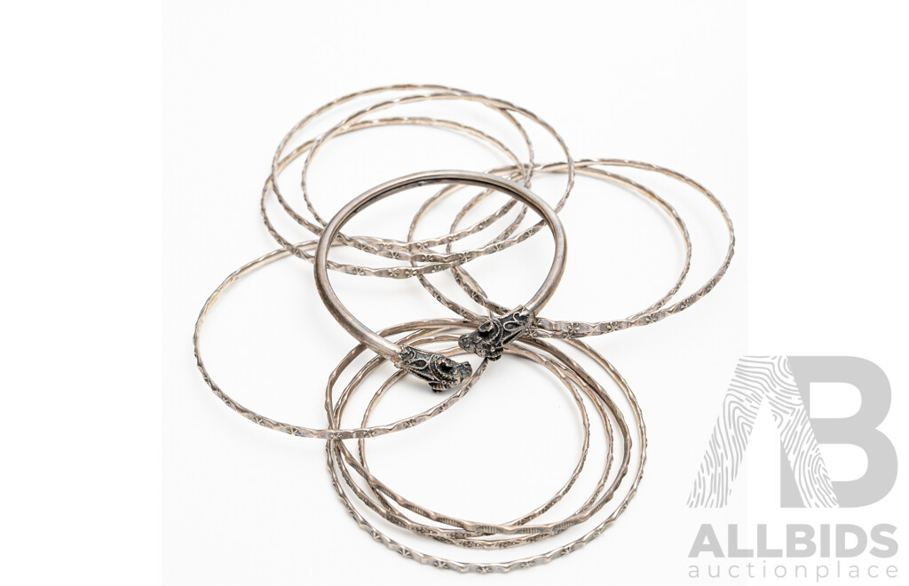 Collection of Vintage Silver Stacking Bangles in Various Sizes and Designs, 43.73 Grams