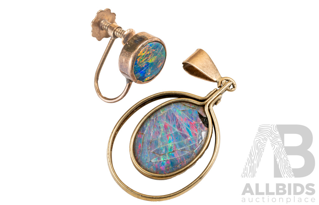 9ct Opal Doublet Pendant with Damaged Stone & Single 9ct Opal Doublet Screw Back Clip on Earring, 2.09 Grams
