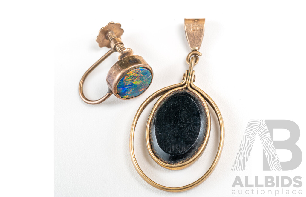 9ct Opal Doublet Pendant with Damaged Stone & Single 9ct Opal Doublet Screw Back Clip on Earring, 2.09 Grams