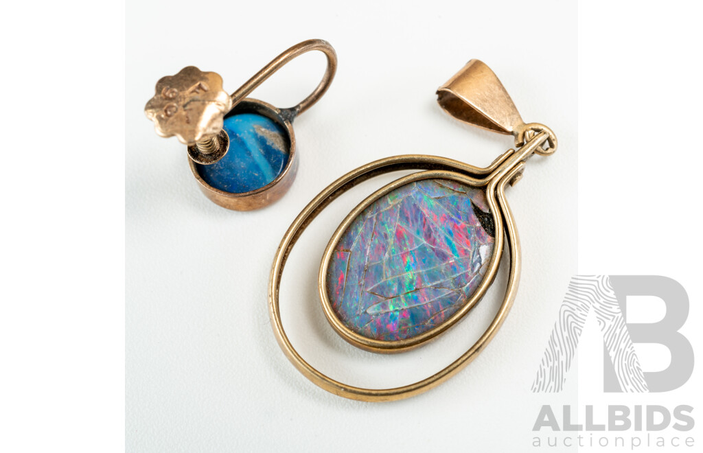 9ct Opal Doublet Pendant with Damaged Stone & Single 9ct Opal Doublet Screw Back Clip on Earring, 2.09 Grams
