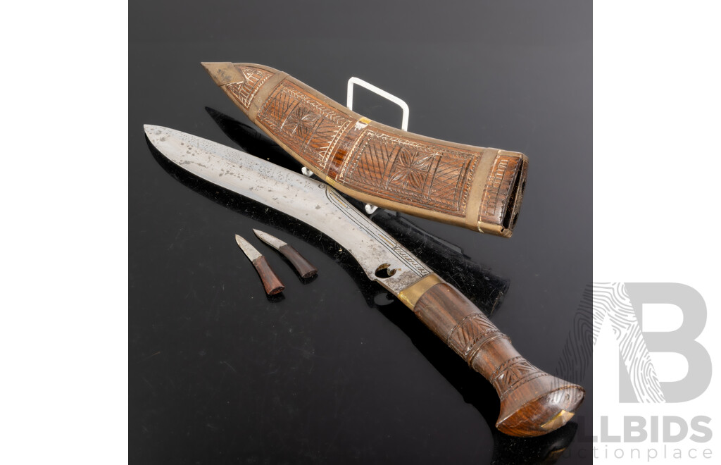 Nepalese Gurkha Kukri with Three Blades, Carved Wood &  Brass Handles and Carved Wooden Sheath