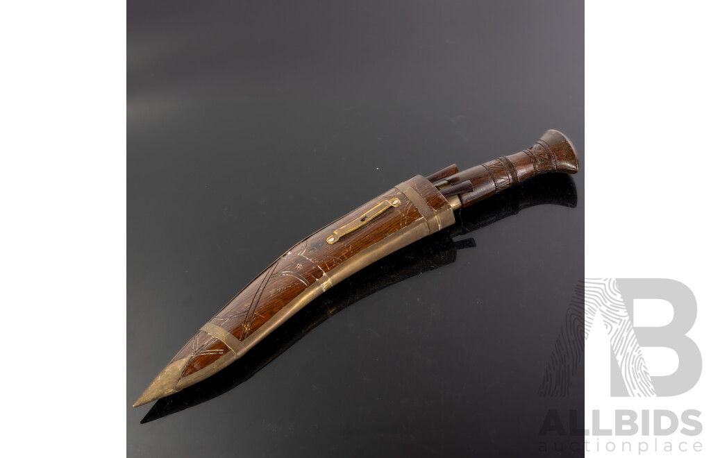 Nepalese Gurkha Kukri with Three Blades, Carved Wood &  Brass Handles and Carved Wooden Sheath