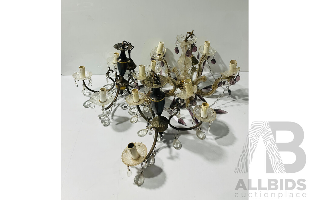 Collection of Three Vintage Chandeliers Including Five Arm Brass Chandelier with Crystal Drops, Three Arm Brass Chandelier with Crystal Drops and Five Arm Glass Chandelier with Coloured Glass Drops