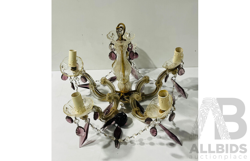 Collection of Three Vintage Chandeliers Including Five Arm Brass Chandelier with Crystal Drops, Three Arm Brass Chandelier with Crystal Drops and Five Arm Glass Chandelier with Coloured Glass Drops