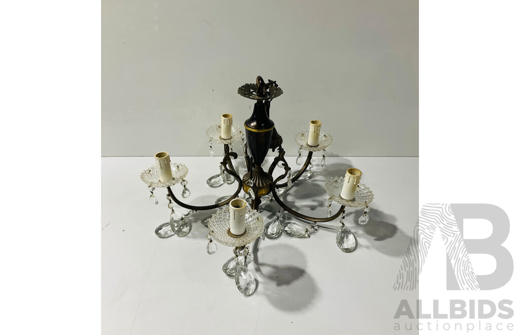 Collection of Three Vintage Chandeliers Including Five Arm Brass Chandelier with Crystal Drops, Three Arm Brass Chandelier with Crystal Drops and Five Arm Glass Chandelier with Coloured Glass Drops