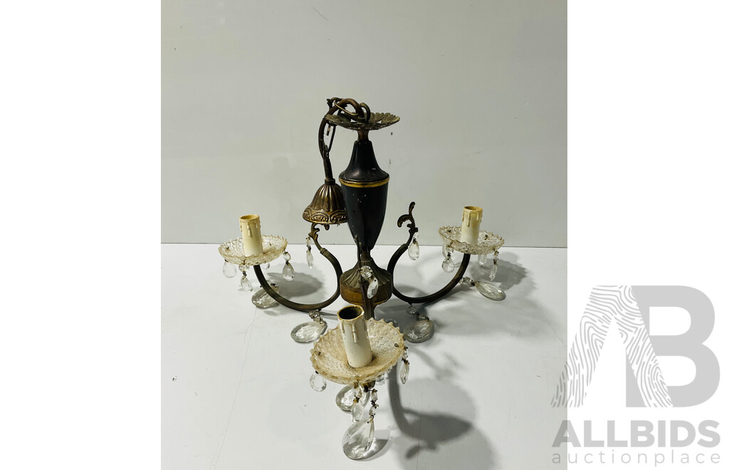 Collection of Three Vintage Chandeliers Including Five Arm Brass Chandelier with Crystal Drops, Three Arm Brass Chandelier with Crystal Drops and Five Arm Glass Chandelier with Coloured Glass Drops