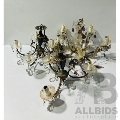 Collection of Three Vintage Chandeliers Including Five Arm Brass Chandelier with Crystal Drops, Three Arm Brass Chandelier with Crystal Drops and Five Arm Glass Chandelier with Coloured Glass Drops