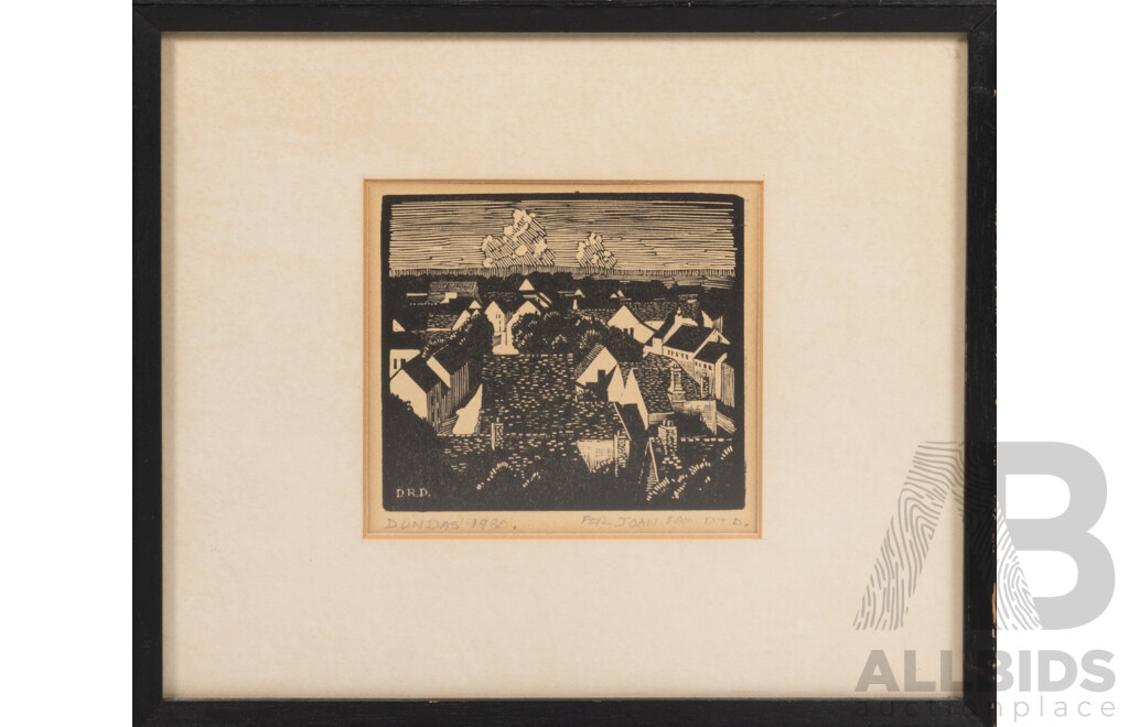 Douglas Dundas (20th Century, Australian, 1900-1981), [Possibly] Suburbs of Sydney, Woodcut, 20.5 x 24 cm (frame)