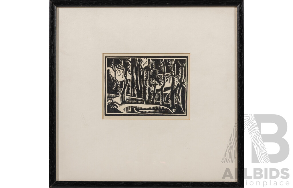 Dorrit (Dorothea Foster) Black (20th Century, Australian, 1891-1951) Landscape, Original Linocut as Illustrated in Manuscripts, 12 February 1935, 29.5 x 30 cm (frame)